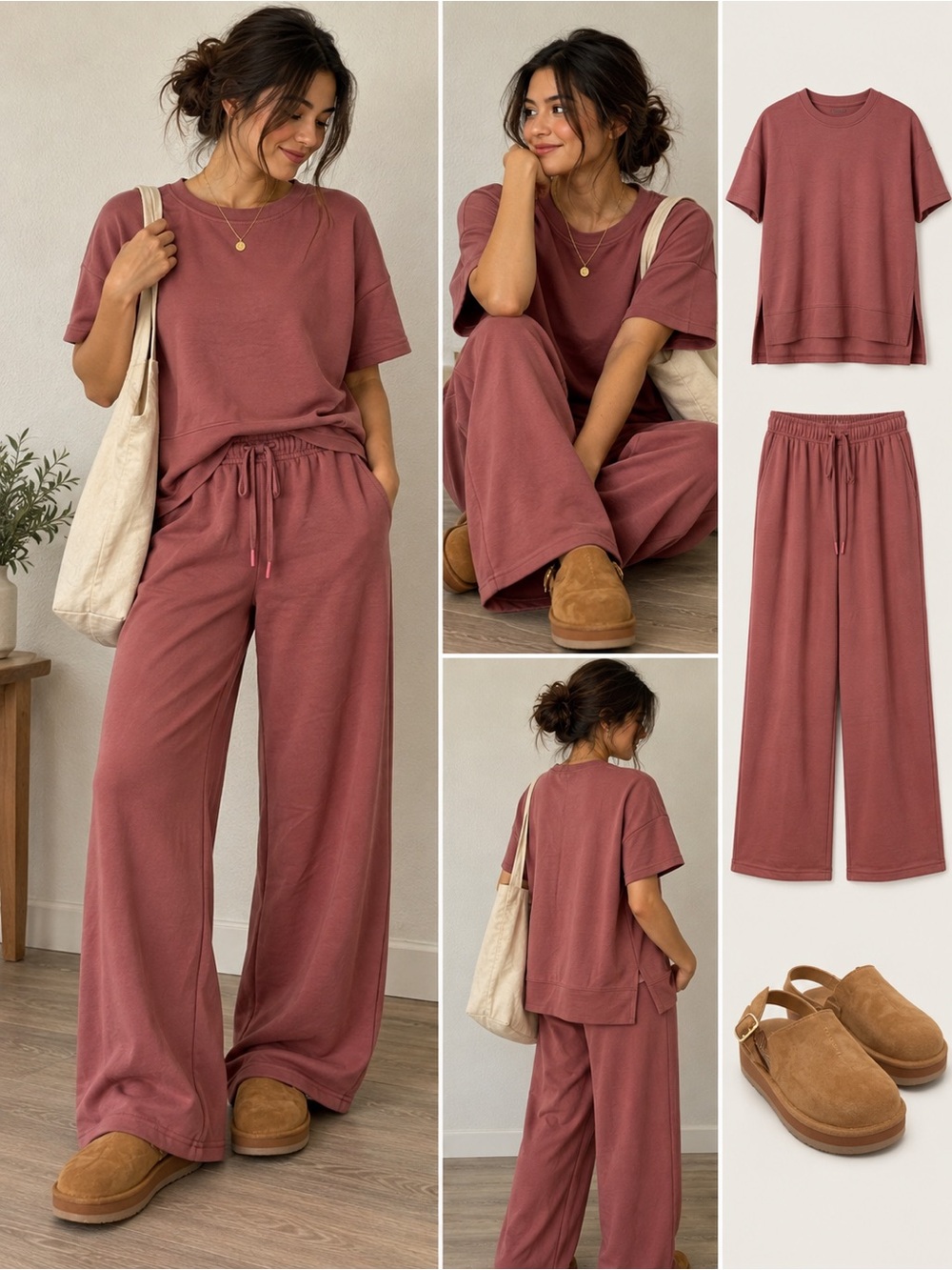 Relaxed Wide-Leg Lounge Pants Set - Dusty Rose